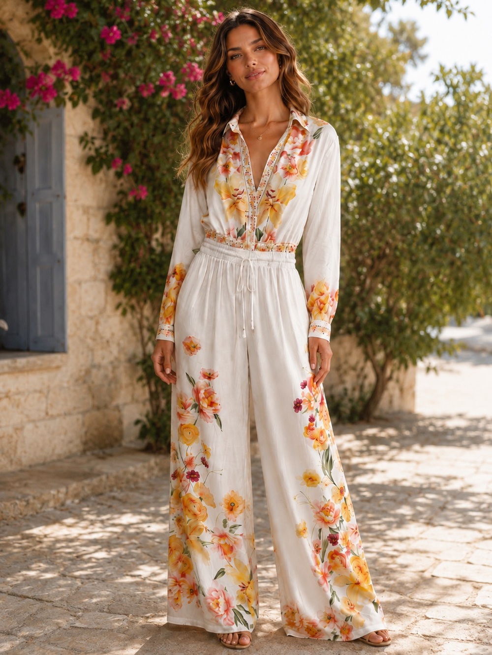 HALFHEART Women's Floral Wide-Leg Jumpsuit - White with Yellow & Pink Flowers